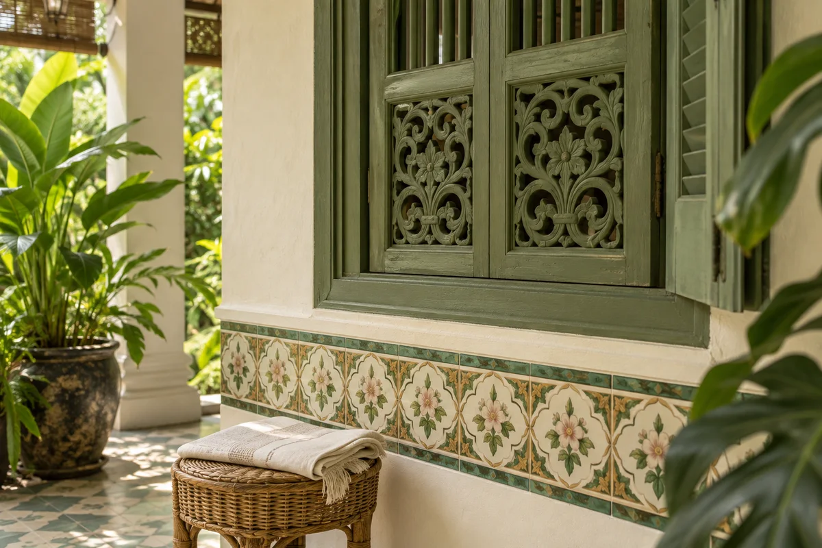 Illustrative heritage veranda with green timber and floral tiles